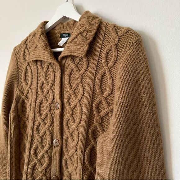 Vintage J. Crew Cable Knit Wool Blend Cardigan Sweater in Tan Size L - Picture 3 of 5